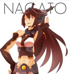 Rule 34 | 10s, 1girl, ;), bad id, bad pixiv id, brown eyes, brown hair, character name, elbow gloves, fingerless gloves, gloves, hand on own hip, headgear, kantai collection, long hair, looking at viewer, nagato (kancolle), navel, one eye closed, rinta (reyte), simple background, smile, solo, white background