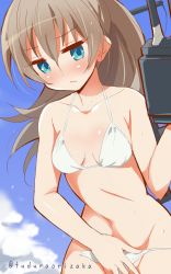 Rule 34 | 10s, 1girl, 9law, aqua eyes, bad id, bad pixiv id, bikini, blush, breasts, brown hair, covering privates, covering crotch, day, embarrassed, highres, kantai collection, kumano (kancolle), long hair, personification, ponytail, small breasts, solo, swimsuit, white bikini