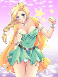 Rule 34 | 1girl, armlet, bianca (dq5), blonde hair, blue eyes, blush, bracelet, braid, breasts, cape, choker, cleavage, defense zero, dragon quest, dragon quest v, dress, jewelry, large breasts, long hair, lots of jewelry, open mouth, panties, single braid, solo, square enix, star (symbol), sweat, torn clothes, underwear