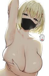 Rule 34 | 1girl, arm up, armpits, black mask, blonde hair, breasts, collarbone, commentary request, completely nude, covering breasts, covering privates, fingernails, highres, himeko (sky-freedom), large breasts, looking at viewer, mask, mouth mask, nude, open mouth, original, red eyes, short hair, simple background, sky-freedom, solo, speech bubble, sweat, translation request, upper body, white background