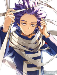 Rule 34 | 1boy, :|, arms up, bags under eyes, bloom, boku no hero academia, closed mouth, costume, expressionless, forehead, gym uniform, hands up, high collar, highres, holding, holding weapon, looking at viewer, male focus, messy hair, purple eyes, purple hair, scarf, shinsou hitoshi, short hair, simple background, solo, spiked hair, strap, tonbanlove, twitter username, u.a. gym uniform, upper body, weapon, white background