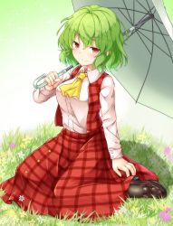 Rule 34 | 1girl, aka tawashi, ascot, black pantyhose, blush, breasts, brown footwear, commentary request, flower, full body, gradient background, grass, green background, green hair, hair between eyes, hand up, high heels, highres, holding, holding umbrella, kazami yuuka, loafers, long sleeves, looking at viewer, medium breasts, pantyhose, pink flower, plaid, plaid skirt, plaid vest, red eyes, red skirt, red vest, shirt, shoes, short hair, sitting, skirt, smile, solo, sparkle, touhou, umbrella, vest, wariza, white background, white flower, white shirt, wing collar, yellow ascot, yellow flower