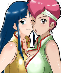 Rule 34 | 1980s (style), 2girls, blue hair, breasts, cleavage, closed mouth, commentary request, dark skin, dark-skinned female, dirty pair, earrings, headband, jewelry, kei (dirty pair), large breasts, long hair, looking at viewer, multiple girls, oldschool, open mouth, red hair, retro artstyle, short hair, simple background, smile, takaya n, white background, yuri (dirty pair)