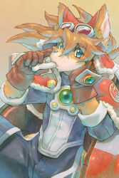 Rule 34 | 1boy, animal ears, blue eyes, bone, brown gloves, brown hair, commentary request, dog boy, dog ears, furry, furry male, gloves, goggles, goggles on head, hand on own face, highres, little tail bronx, looking at viewer, male focus, ogasawara tomy, red savarin, scar, scar on face, scar on nose, sitting, solatorobo