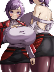 Rule 34 | 1girl, alternate breast size, alternate costume, ass, breasts, closed mouth, courtney (pokemon), creatures (company), game freak, highres, hizakake, huge breasts, nintendo, pokemon, pokemon oras, purple eyes, purple hair, short hair, simple background, smile, solo, standing, white background