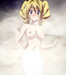 Rule 34 | 10s, 1girl, blonde hair, blush, breasts, high school dxd, highres, long hair, nipples, nude, ravel phenex, solo, standing, steam, stitched, third-party edit