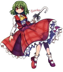Rule 34 | 1girl, ascot, closed mouth, collared shirt, commentary, frilled skirt, frills, full body, green hair, highres, kazami yuuka, long sleeves, looking at viewer, one-hour drawing challenge, plaid, plaid skirt, plaid vest, red eyes, red footwear, red skirt, red vest, renshirenji, shirt, short hair, simple background, skirt, smile, socks, solo, touhou, twitter username, umbrella, vest, white background, white shirt, white socks, white umbrella, yellow ascot
