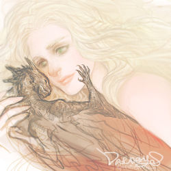 Rule 34 | 1girl, a song of ice and fire, animification, daenerys targaryen, dragon, drogon, green eyes, j (onose1213), long hair, lowres, solo, white hair