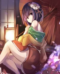Rule 34 | 1girl, bare legs, bare shoulders, blurry, blush, closed mouth, clothes lift, depth of field, expressionless, flower, from behind, hair flower, hair ornament, hair ribbon, hieda no akyuu, holding, holding umbrella, janne cherry, japanese clothes, kimono, kneepits, lamp, lantern, legs, light, long sleeves, looking back, off shoulder, oil-paper umbrella, open clothes, open kimono, parasol, plant, purple eyes, purple hair, red ribbon, red skirt, ribbon, short hair, short kimono, sitting, skirt, skirt lift, solo, touhou, umbrella, yokozuwari