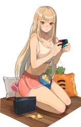 Rule 34 | 1girl, absurdres, bag of chips, bare shoulders, blonde hair, breast press, breasts, carrot-shaped pillow, casual, chips (food), food, hair between eyes, hands up, highres, jintianhuahualema, kirby, long hair, nail polish, nintendo switch, open mouth, pillow, pink nails, red eyes, sakura-sou no pet na kanojo, seiza, shiina mashiro, shirt, shorts, simple background, sitting, solo, tank top, white background, white shirt, wooden floor