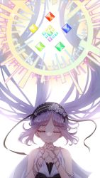 Rule 34 | 1girl, armlet, black bow, black ribbon, bow, closed eyes, closed mouth, commentary, dress, euryale (fate), euryale (third ascension) (fate), facing viewer, fate/grand order, fate (series), flower, frilled hairband, frills, hairband, halo, headdress, highres, interlocked fingers, jewelry, mumei (meiime ), own hands clasped, own hands together, parted bangs, purple hair, ribbon, ribbon-trimmed hairband, simple background, sleeveless, sleeveless dress, smile, solo, twintails, twitter username, upper body, white background, white dress, white flower