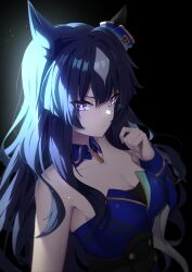 Rule 34 | 1girl, absurdres, animal ears, bare arms, bare shoulders, black hair, blue dress, blush, breasts, cleavage, commentary, dark background, dress, highres, horse ears, horse girl, large breasts, long hair, looking at viewer, mole, mole under eye, purple eyes, simple background, smile, solo, strapless, strapless dress, sunny (20597521), umamusume, upper body, verxina (umamusume), very long hair, wrist cuffs