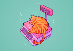 Rule 34 | absurdres, animal, animal focus, aqua background, cat, closed eyes, english text, full body, highres, infinity symbol, lying, meyoco, no humans, on side, orange cat, original, simple background, sparkle, tail, weighing scale