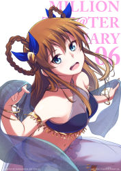 Rule 34 | 10s, 1girl, 2015, blue eyes, breasts, brown hair, cleavage, cleavagecollarbone, collarbone, copyright name, dated, hair ornament, highres, idolmaster, idolmaster million live!, kousaka umi, long hair, looking at viewer, medium breasts, nanotsuki, navel, open mouth, see-through, solo