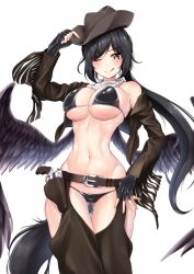 Rule 34 | 1girl, absurdres, bare shoulders, bikini, black bikini, black gloves, black hair, black wings, blush, breasts, brown headwear, brown jacket, cowboy shot, crop top, cropped jacket, fingerless gloves, gloves, gluteal fold, gun, highres, horse girl, horse tail, jacket, kurokoma saki, large breasts, leo23, long hair, long sleeves, looking at viewer, low ponytail, navel, open clothes, pegasus wings, ribs, scarf, smile, solo, swimsuit, tail, tongue, tongue out, touhou, very long hair, weapon, white background, white scarf, wings