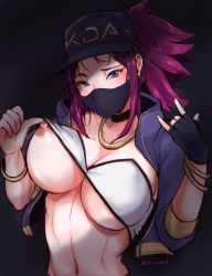 Rule 34 | 1girl, akali, baseball cap, blue eyes, blush, bracelet, breasts, choker, clothes lift, crop top, cropped jacket, earrings, eyebrows, fingerless gloves, flat cap, gloves, hand gesture, hat, jacket, jewelry, k/da (league of legends), k/da akali, large breasts, league of legends, looking at viewer, mask, navel, necklace, nipples, one breast out, open clothes, open jacket, ponytail, purple hair, shirt lift, signature, single glove, solo, tinnies, upper body