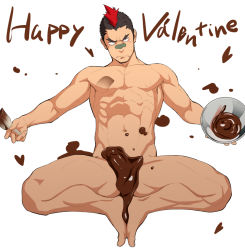 Rule 34 | 1boy, abs, bandaid, bandaid on face, bandaid on nose, bara, bare pectorals, black hair, brush, chocolate, chocolate on body, chocolate on pectorals, chocolate on penis, completely nude, erection, food on body, full body, happy valentine, itto (mentaiko), kill la kill, kinagase tsumugu, large pectorals, male focus, mohawk, multicolored hair, muscular, nantaimori, navel, nipples, nude, pectorals, penis, red hair, short hair, solo, testicles, thick thighs, thighs, two-tone hair, valentine