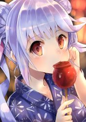 Rule 34 | 10s, 1girl, absurdres, blue hair, blush, candy apple, double bun, food, highres, i-19 (kancolle), japanese clothes, kantai collection, kimono, long hair, looking at viewer, open mouth, red eyes, ribbon, solo, star-shaped pupils, star (symbol), symbol-shaped pupils, twintails, u rin, yukata