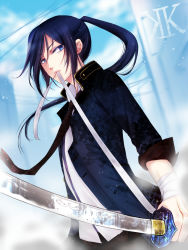 Rule 34 | 10s, 1boy, bandages, black hair, black necktie, blue eyes, copyright name, floating hair, holding, holding sword, holding weapon, k-project, katana, long hair, looking at viewer, male focus, mouth hold, necktie, okausa hc, ponytail, shirt, solo, standing, sword, weapon, white shirt, yatogami kurou