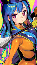 1girl blue_hair blue_tabard blush bodysuit bodysuit_under_clothes breasts closed_mouth dragon_quest dragon_quest_iii gloves hat highres holding holding_mace holding_weapon long_breast_curtain long_hair mace medium_breasts mitre onono_imoko orange_bodysuit priest_(dq3) red_eyes skin_tight solo tabard weapon yellow_gloves