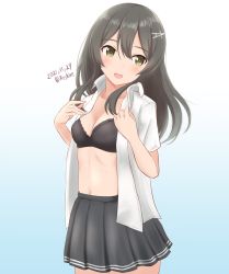 Rule 34 | 1girl, ame-san, black bra, black hair, black skirt, bra, breasts, brown eyes, cleavage, collared shirt, cowboy shot, dated, dress shirt, gradient background, hair between eyes, hair ornament, hairclip, highres, kantai collection, long hair, medium breasts, navel, open clothes, open mouth, open shirt, oyashio (kancolle), oyashio kai ni (kancolle), pleated skirt, shirt, short sleeves, simple background, skirt, solo, standing, stomach, twitter username, underwear, white shirt