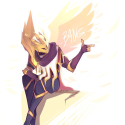 Rule 34 | absurdres, bad deviantart id, bad id, blue pants, cape, feathers, finger gun, gloves, golden wings, highres, jhin, league of legends, mask, midorinemurase, pants, scarf, sitting, skt t1 jhin