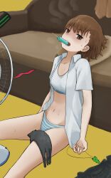 Rule 34 | 1girl, absurdres, bare legs, blank eyes, breasts, brown eyes, brown hair, collared shirt, couch, cowboy shot, eating, exhausted, female focus, food, food in mouth, gekota, goggles, highres, holding, holding jewelry, holding necklace, indoors, jewelry, looking at viewer, misaka imouto, misaka imouto 10032&#039;s cat, navel, necklace, on floor, open clothes, open shirt, panties, popsicle, shirt, short hair, sitting, skirt, small breasts, solo, sports bra, stomach, striped clothes, striped panties, sweat, tatararashi, toaru kagaku no railgun, toaru majutsu no index, underwear, unworn goggles, unworn skirt, white shirt, white sports bra, yellow background