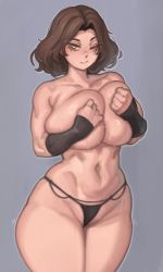 Rule 34 | 1girl, absurdres, breasts, brown hair, cleavage, covering privates, covering breasts, deathbed smalls, elden ring, facial tattoo, gradient background, green background, green eyes, grey background, highres, huge breasts, kelvin hiu, legs together, looking at viewer, melina (elden ring), navel, one-eyed, one eye closed, panties, parted lips, short hair, simple background, solo, sweat, tattoo, thick thighs, thighs, topless, underwear, wide hips