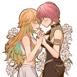 Rule 34 | 2girls, absurdres, alternate costume, alternate hairstyle, art nouveau, bare shoulders, blonde hair, blush, closed eyes, dress, earrings, facing another, feather earrings, feathers, flower, gradient hair, highres, holding hands, hololive, hololive english, in zhong, jewelry, lily (flower), long hair, midriff, mori calliope, multicolored hair, multiple girls, navel, orange hair, pink hair, short hair, sleeveless, sleeveless dress, smile, stomach, takanashi kiara, tsundere, virtual youtuber, yuri
