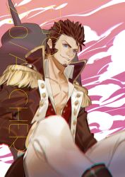 Rule 34 | 1boy, absurdres, beard, blue eyes, boots, brown hair, chiizu namasu, epaulettes, facial hair, fate/grand order, fate (series), highres, jacket, long sideburns, long sleeves, looking at viewer, pectoral cleavage, male focus, military, military uniform, muscular, napoleon bonaparte (fate), open clothes, open jacket, pants, pectorals, scar, sideburns, simple background, sitting, smile, solo, uniform, white pants