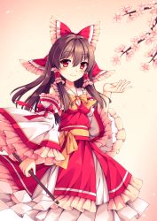Rule 34 | 1girl, adapted costume, blush, bow, breasts, brown hair, cleavage, floating hair, flower, frilled bow, frilled hair tubes, frilled sleeves, frills, hair between eyes, hair bow, hair tubes, hakurei reimu, highres, holding, layered skirt, long hair, long skirt, long sleeves, looking at viewer, mechrailgun, pink background, pink flower, red bow, red eyes, red ribbon, red shirt, red skirt, ribbon, shirt, skirt, sleeveless, sleeveless shirt, small breasts, smile, solo, standing, touhou, white sleeves, wide sleeves, yellow neckwear