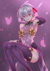 Rule 34 | 1girl, absurdres, armpits, bare shoulders, blush, breasts, bug, butterfly, commentary request, covered navel, detached sleeves, dress, earrings, fate/grand order, fate (series), glint, gold trim, hair between eyes, hair ribbon, hand in own hair, highres, insect, jewelry, kama (fate), kama (first ascension) (fate), looking at viewer, open mouth, penguintake, purple dress, purple sleeves, purple thighhighs, red eyes, red ribbon, ribbon, see-through, short hair, sidelocks, silver hair, sitting, sleeveless, sleeveless dress, smile, solo, thighhighs