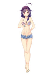 Rule 34 | 10s, 1girl, absurdres, ahoge, alternate costume, bikini, bikini top only, collarbone, cutoffs, denim, denim shorts, highres, kantai collection, legs, long hair, navel, open fly, purple hair, red eyes, reon-shi, revision, sandals, shiny skin, short shorts, shorts, simple background, smile, solo, swimsuit, taigei (kancolle), thigh gap, unzipped, watch, wristwatch