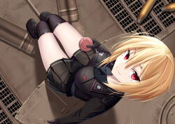 Rule 34 | 1girl, belt, black gloves, blonde hair, boots, can, commentary, epaulettes, from above, gloves, highres, holding, holding can, jiseki rena, knees together feet apart, looking at viewer, looking up, military, military uniform, military vehicle, motor vehicle, necktie, original, pleated skirt, red eyes, scho-ka-kola, shell casing, short hair, sitting, skirt, smile, soldier, solo, tank, thighhighs, thighs, tiger i, uniform, world war ii