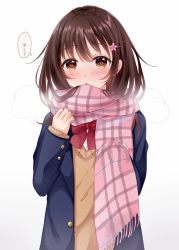 Rule 34 | 1girl, :o, blazer, blue jacket, blush, bow, bowtie, breath, brown eyes, brown hair, brown sweater, buttons, enpera, flower, fringe trim, gradient background, hair between eyes, hair flower, hair ornament, hairclip, hand up, highres, holding, jacket, long hair, long sleeves, looking at viewer, open clothes, open jacket, original, pink scarf, red bow, red bowtie, sakura hiyori, scarf, school uniform, shirt, solo, speech bubble, striped clothes, striped scarf, sweater, talking, translated, white background, white shirt
