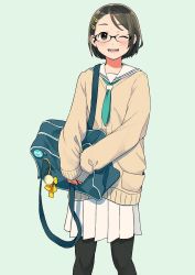 Rule 34 | 1girl, bag, black pantyhose, blue eyes, blush, brown hair, commentary request, green background, highres, long sleeves, looking at viewer, morifumi, one eye closed, open mouth, original, pantyhose, pleated skirt, school bag, school uniform, short hair, simple background, skirt, smile, solo, standing, teeth, white background, white skirt