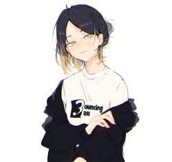 Rule 34 | 1boy, adjusting clothes, black hair, blonde hair, blush, english text, haikyuu!!, kozume kenma, long hair, long sleeves, looking at viewer, multicolored hair, off shoulder, parted bangs, parted lips, shirt, shiu (pika), simple background, smile, solo, two-tone hair, upper body, white background, yellow eyes