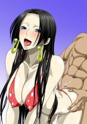 Rule 34 | 1boy, 1girl, ass, black hair, blue eyes, boa hancock, breasts, censored, covered erect nipples, cum, dark-skinned male, dark skin, highres, large breasts, licking, long hair, nel-zel formula, nipples, one piece, open mouth, sex, swimsuit