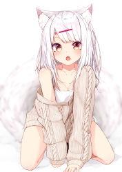 Rule 34 | 1girl, :o, absurdres, animal ear fluff, animal ears, aran sweater, bare shoulders, blurry, blurry background, breasts, brown sweater, cable knit, camisole, cleavage, collarbone, commentary request, depth of field, fang, fox ears, fox girl, fox tail, hair ornament, hairclip, highres, kneeling, long hair, long sleeves, looking at viewer, mayogii, medium breasts, off shoulder, open mouth, original, red eyes, ribbed sweater, silver hair, sleeves past wrists, solo, sweater, tail, white background, white camisole
