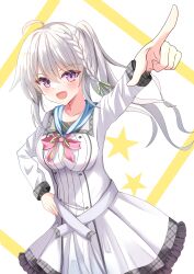 Rule 34 | 1girl, 9-nine-, absurdres, ahoge, belt, blue collar, blush, bow, braid, breasts, collar, collarbone, commentary, dress, eyelashes, frilled dress, frills, green ribbon, grey belt, grey hair, hair between eyes, hand on own hip, highres, large breasts, long hair, long sleeves, looking at viewer, niimi sora, open mouth, outstretched arm, pointing, pointing up, purple eyes, red bow, ribbon, school uniform, side ponytail, sidelocks, simple background, single braid, smile, solo, standing, star (symbol), takagi-18102817, upper body, white background, white dress