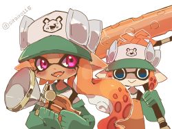 Rule 34 | 2girls, :&gt;, artist name, asymmetrical hair, baseball cap, blue eyes, blush, closed mouth, dynamo roller (splatoon), elbow gloves, empty eyes, fangs, female focus, flat chest, gloves, green gloves, green headwear, hand up, hands up, happy, hat, holding, holding weapon, inkling, inkling girl, inkling player character, long hair, looking at viewer, multiple girls, nintendo, open mouth, orange hair, orange overalls, outline, overalls, pointy ears, red eyes, salmon run (splatoon), shira (sirairo116), shirt, short hair, sidelocks, signature, smile, splatoon (series), splatoon 2, sploosh-o-matic (splatoon), standing, suction cups, tentacle hair, tentacles, textless version, twitter username, two-handed, upper body, weapon, white outline, white shirt
