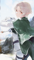 Rule 34 | 1girl, absurdres, ahoge, belt, black belt, blurry, blurry background, buttons, cape, closed mouth, green cape, hand up, highres, holding, long sleeves, looking at viewer, mushoku tensei, object request, orange eyes, outdoors, parted bangs, pointy ears, sadan1317, shirt, short hair, solo, standing, sylphiette (mushoku tensei), white hair, white shirt, white sleeves