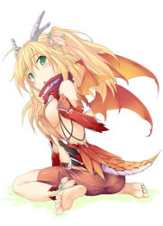Rule 34 | 1girl, ass, bare shoulders, barefoot, blonde hair, breasts, dragon girl, dragon tail, dragon wings, fang, feet, from behind, gloves, green eyes, hair bobbles, hair ornament, highres, horns, kuronyan, large breasts, long hair, looking back, monster girl, open mouth, original, sideboob, simple background, sitting, soles, solo, tail, toes, twintails, wariza, wings