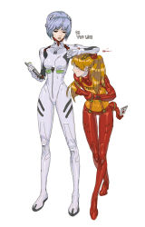 Rule 34 | 2girls, ayanami rei, blue hair, bodysuit, breasts, brown hair, clipboard, english text, envelope, etama quomo, evangelion: 2.0 you can (not) advance, full body, index finger raised, interface headset, leaning on person, looking at another, looking at watch, multiple girls, neon genesis evangelion, orange bodysuit, pilot suit, plugsuit, rebuild of evangelion, red bodysuit, shiny clothes, short hair, small breasts, souryuu asuka langley, test plugsuit, twintails, white background, white bodysuit