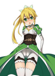 Rule 34 | 10s, 1girl, bad id, bad pixiv id, bike shorts, blonde hair, blush, breasts, cameltoe, cleavage, fat mons, green eyes, highres, leafa, long hair, pini, ponytail, solo, sword art online, thighhighs