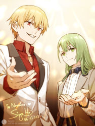 Rule 34 | 2boys, alternate costume, black neckwear, blonde hair, bow, bowtie, contemporary, dated, enkidu (fate), fate/grand order, fate (series), gilgamesh (fate), green eyes, green hair, grey jacket, grin, jacket, jewelry, lofter username, long hair, multiple boys, necklace, outstretched hand, red eyes, red shirt, shirt, signature, siya ho, smile, tuxedo, upper body, white jacket