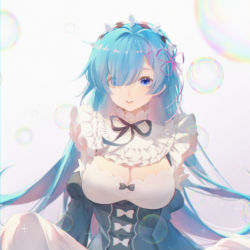 Rule 34 | 1girl, absurdres, alice (mcaredor), alternate hair length, alternate hairstyle, black ribbon, blue eyes, blue hair, breasts, bubble, chinese commentary, cleavage, commentary request, frills, grey background, grin, hair intakes, hair over one eye, hair ribbon, highres, long hair, long sleeves, looking at viewer, medium breasts, neck ribbon, parted lips, purple ribbon, re:zero kara hajimeru isekai seikatsu, rem (re:zero), ribbon, smile, solo, upper body