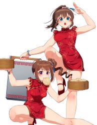 Rule 34 | 2girls, ahoge, arm up, bamboo steamer, baozi, black footwear, blue eyes, bracelet, brown hair, china dress, chinese clothes, commentary, covered navel, dress, drill hair, fighting stance, floral print, food, frown, hair ornament, high heels, highres, holding, idolmaster, idolmaster million live!, jewelry, kamille (vcx68), leg up, looking at viewer, medium hair, mouth hold, multiple girls, open mouth, ponytail, print dress, purple eyes, red dress, satake minako, short dress, side drill, side ponytail, simple background, sleeveless, sleeveless dress, squatting, standing, standing on one leg, white background, yokoyama nao