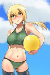 Rule 34 | 1girl, abs, ball, bikini, blonde hair, breasts, cameltoe, cloud, covered erect nipples, day, green eyes, hanna rudel, highres, kunashiri (etorofu), large breasts, midriff, navel, ponytail, scar, solo, strike witches, strike witches: suomus misfits squadron, swimsuit, tankini, thighhighs, world witches series