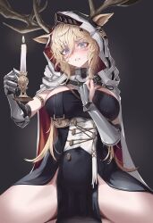 Rule 34 | 1boy, 1girl, absurdres, animal ears, antlers, arknights, black dress, blonde hair, blue eyes, blush, breasts, candle, candlestand, clenched teeth, commentary, deer antlers, deer ears, deer girl, dress, girl on top, hair between eyes, highres, holding, holding candle, hood, hood up, horns, implied sex, large breasts, long hair, looking at viewer, mildt, paid reward available, pelvic curtain, pov, simple background, solo focus, spread legs, teeth, vambraces, viviana (arknights)